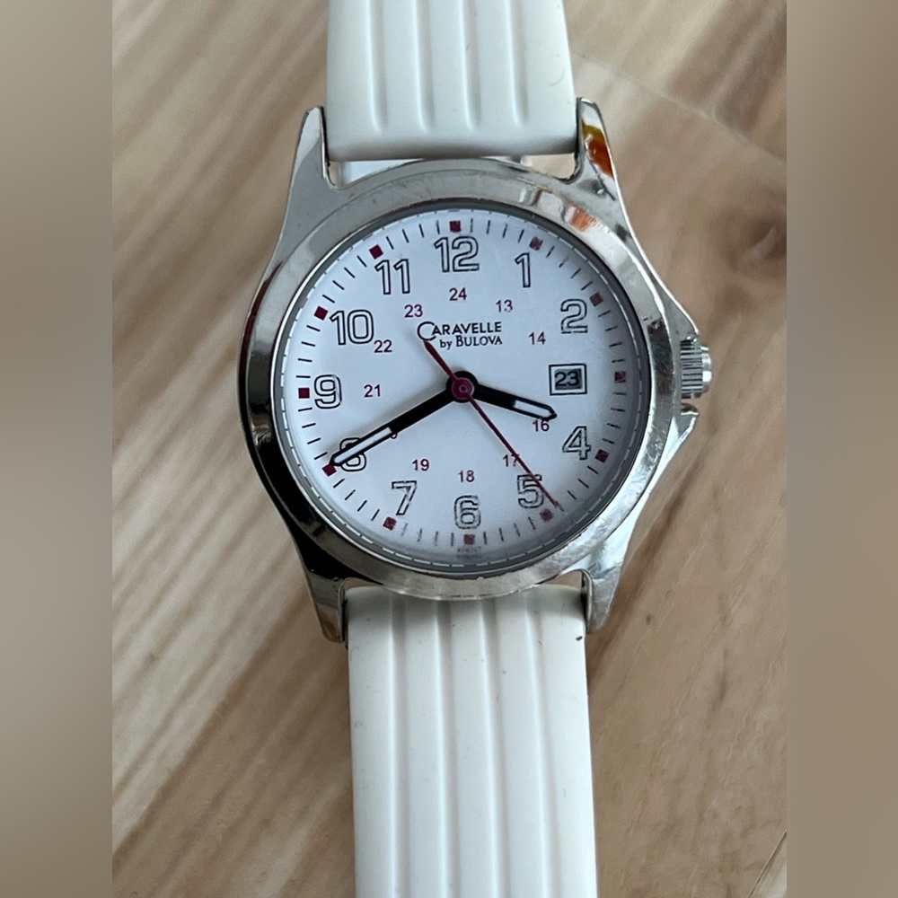 Caravelle by Bulova Ladies Watch White Silicone Bracelet White Dial Date Window - Picture 3 of 13
